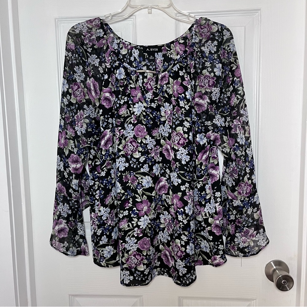 A. Byer Black and Purple Floral Blouse